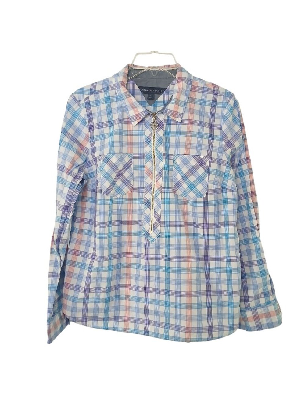 Tommy Hilfiger Plaid Long Sleeve Roll Tab Shirt Medium 1/2 Zip 100% Cotton #D-42